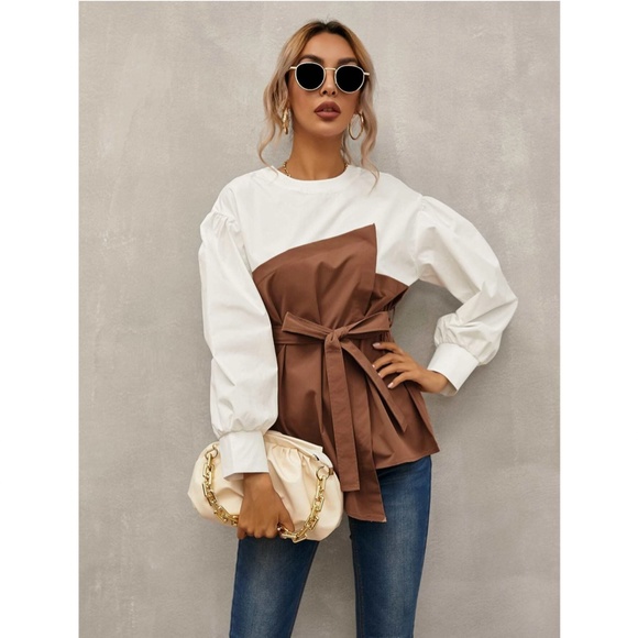 Layered Faux Belted Corset White Shirt Brown Detail Long Bishop Sleeves - Picture 4 of 8